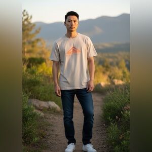 Nike Trail Dri Fit Shirt Mens L Tan/Orange Graphic Trail Running Athletic Tee